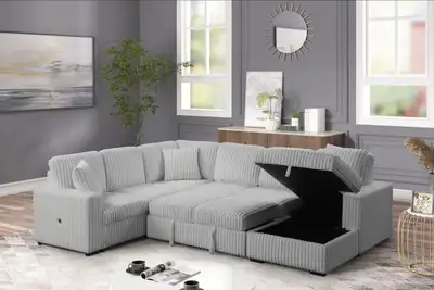 Grey Corduroy Sectional Sofa with Storage, View more