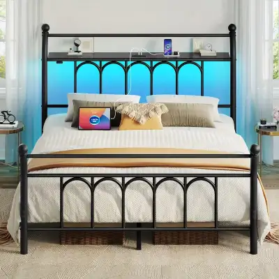 Metal Platform bed frame LED + USB Charging Heavy Duty Queen, View more