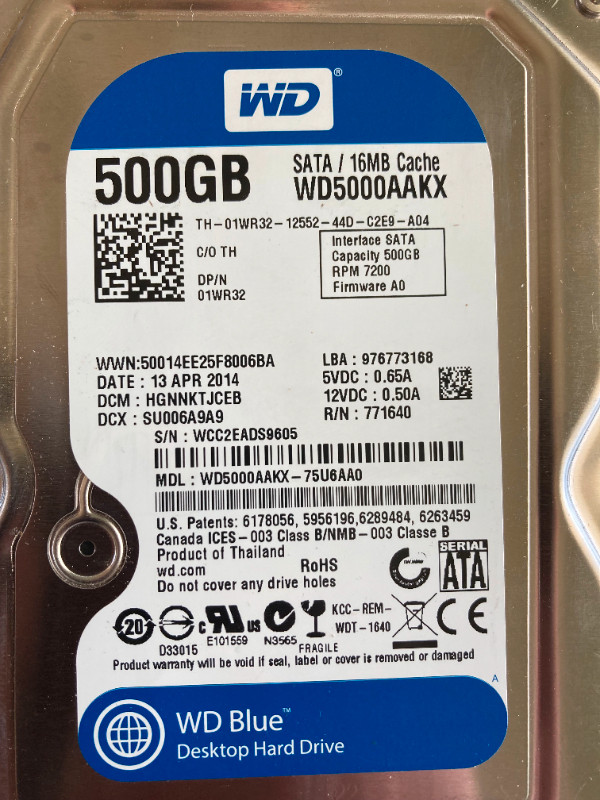 WD Blue 3.5" Desktop Hard Drive, 500GB, 7200RPM - $10. in System Components in Saskatoon