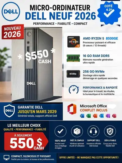 MICRO ORDINATEUR DELL * NEUF *- RYZEN 5 8500 GE -16GO- 256GO, View more