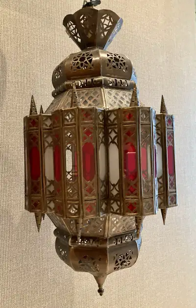 Moroccan Fanoos Pierced Brass & Glass Ceiling Lantern, View more