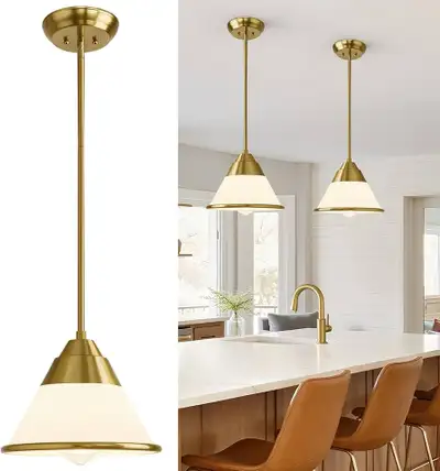 9.4” Cone Milk Glass Pendant Light Fixture, Gold, View more