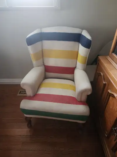 HBC WOOL STRIPES UPHOLSTERED WINGCHAIR UNIQUE PIECE MATCHING OTTOMAN AND BENCH IN OTHER ADS PICK UP...