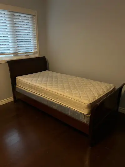 Sleigh style twin bed frame with mattress, View more