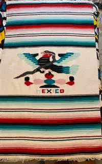 Mexican Serape Woven Throw Rug Blanket Vintage Eagle Snake
