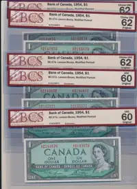 EX-RARE 5 VINTAGE 1954 CANADIAN $1 GRADED SEQUENTIAL BANKNOTES