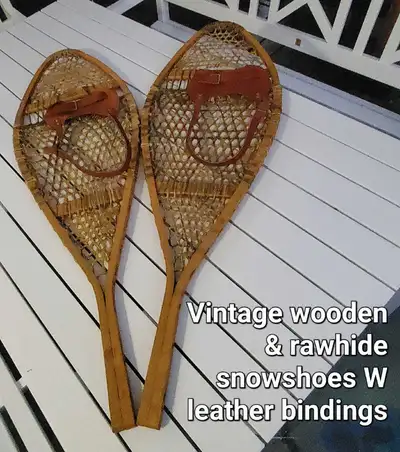 IN EXCELLENT CONDITION Vintage Faber wooden & rawhide snowshoes W leather bindings - $175 - Hold W e...