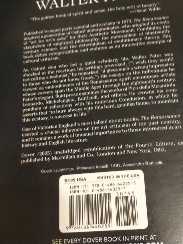 The Renaissence by Walter Pater, softcover, 175 pgs62864361557889122