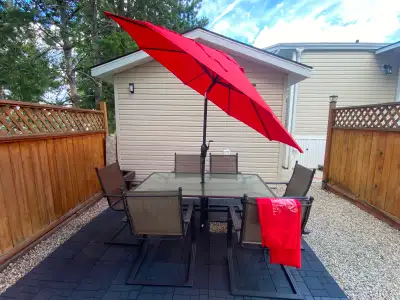 ● RECTANGULAR TABLE WITH UMBRELLA HOLE & HOLDER ● UMBRELLA IS BRAND NEW with TILT, CRANK and a COVER...