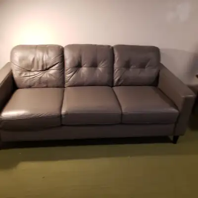 REDUCED !!!  Gray Leather Couch and Love Seat, View more