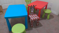 Ikea mammut table, kids chairs and stools