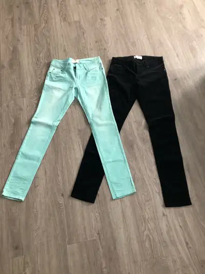 Black corduroy pants have a front zipper & button. Front & back pockets. Turquoise jean like pants w...
