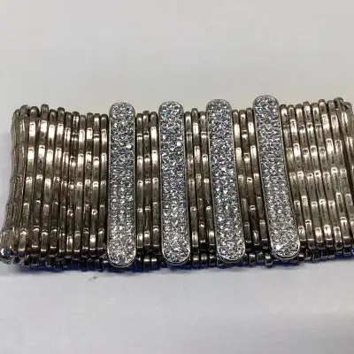 Vintage Silver Stretch Cuff Bracelet with 4 Rhinestone Panels, View more