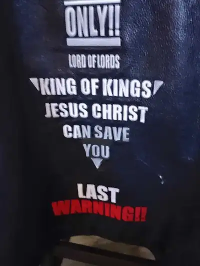 men's leather jacket  with gospel writing on it , View more
