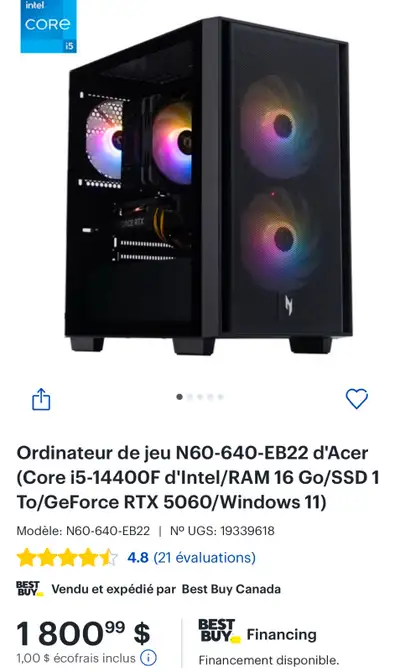 PC gamer - RTX 5060 / i5-14400F / 16G RAM / SSD 1 to, View more