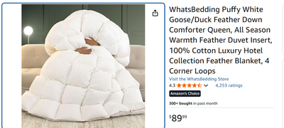 WhatsBedding Puffy White Goose/Duck Feather Down Comforter Queen, View more
