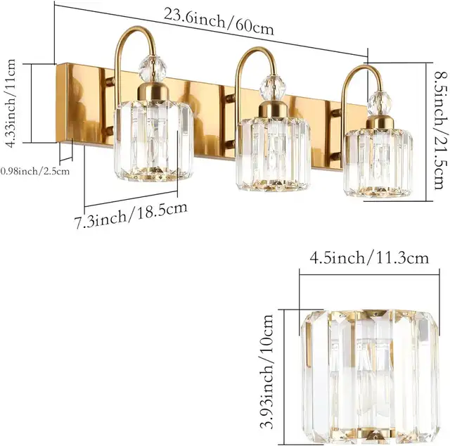 3-Light Brass Crystal Bathroom Vanity Light– Ne in Indoor Lighting & Fans in Oakville / Halton Region - Image 4