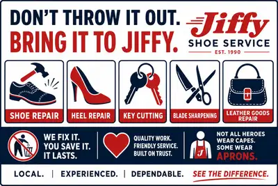 Shoe/Leather item repair. Sharpening & Key duplicating., View more