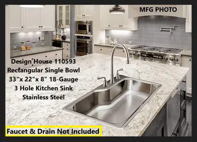 (NEW) Kitchen Sink 33”x 22”x 8” Rectangular Single Bowl 3 Hole, View more