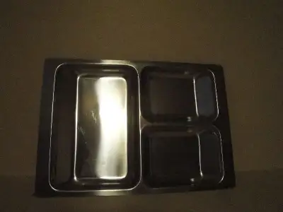 only $5.00 for vintage divided SS serving dish; made in Denmark from 18/8 stainless steel; about 12"...