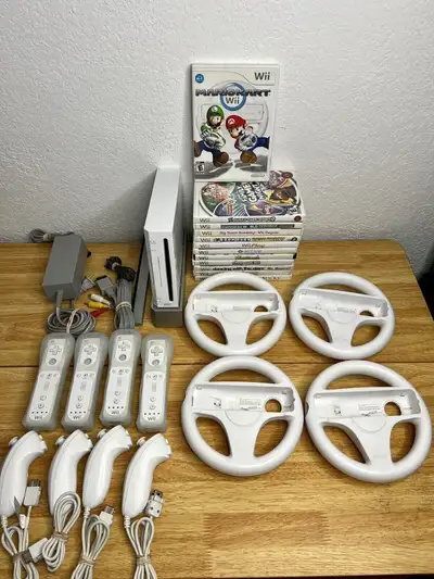 Nintendo Wii Console Mario Kart Game Bundle 4 Sets of Controllers and 4x wheel attachment Addidition...