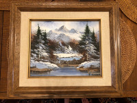MCM Mountains, Lake & Trees Oil Painting Linen Matte Wood Frame