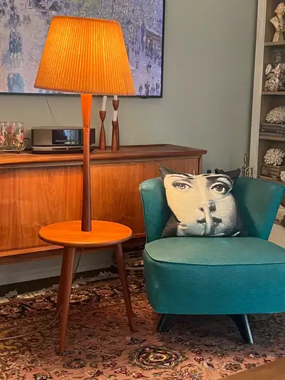 DELIVERY - Vintage Solid Teak MCM Floor Lamp with Integrated Sid, View more