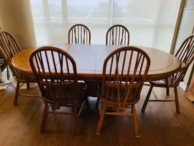Antique solid oak -dining table, 6 chairs, buffet, china cabinet, View more