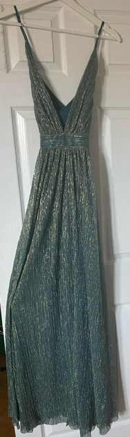 Dark turquoise and sparkling gold long, empire waist dress