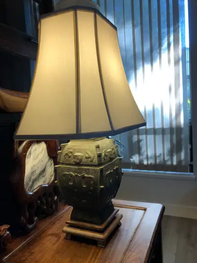 Mid Century Chinese Archaic Style Bronze Lamp With Shade, View more