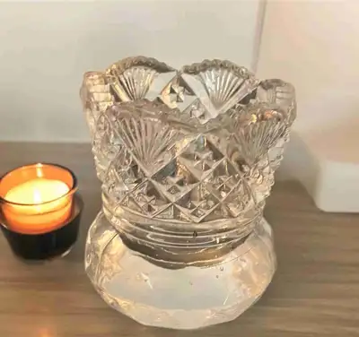 Vintage Thumbelina pressed glass toothpick holder by Westmoreland with a diamond and fan design with...