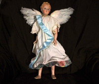 19" BLONDE PORCELAIN ANGEL DOLL, SILK DRESS, WINGS, LEATHER BODY