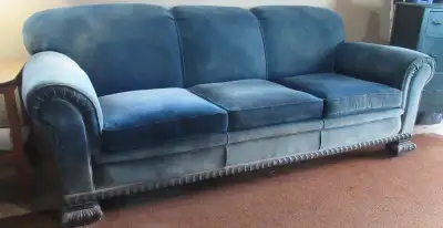 Antique Chesterfield 84" wide x 36" deep x 32" high Solid Wood Trim around Bottom and Feet Wheels Un...
