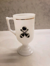 Milk Glass Pedestal Mug with Bowling 
Pins and bowling ball