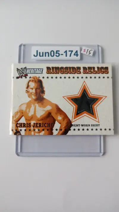 Jun05-174 $15 WWE Chris Jericho 2005 Topps Heritage Event Worn Shirt Ringside Relic Card $15 To loca...