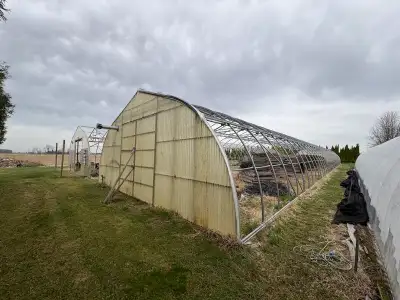 2 - 30 X 144 Greenhouses with gable ends, furnaces and irrigation booms Vermiculite applicator Water...