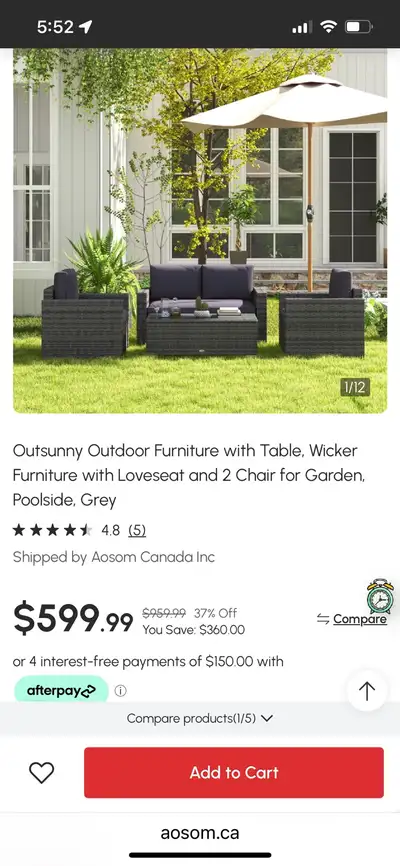 Outdoor Furniture with Table, Wicker Furniture with Loveseat and 2 Chair for Garden, Poolside, Grey...