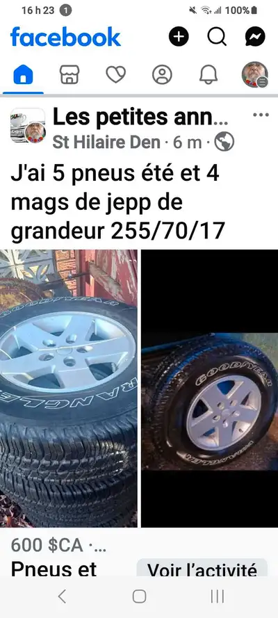 Je vends un ensemble de 5 pneus d'été et 4 roues (mags) pour Jeep, de dimension 255/70/17. Ces pneus...