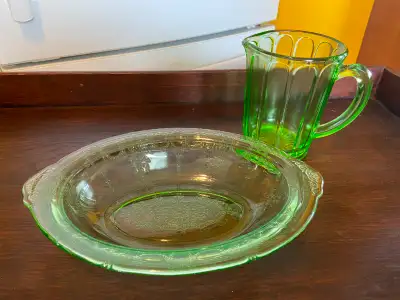 Vintage Uranium Green Glass Hazel Atlas Pitcher and Bowl. The pitcher is 5" tall, the cameo Ballerin...