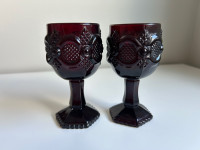 Vintage Avon Cape Cod Ruby Red Glass Footed Wine Goblet Set of 2