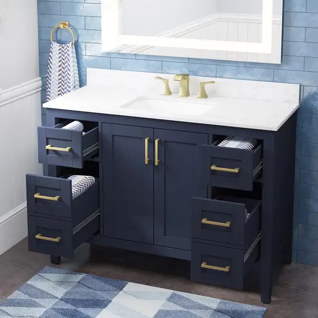 48” Navy Bathroom Vanity, Carrera Stone Top – BOXED NEW in Cabinets & Countertops in Oakville / Halton Region - Image 4