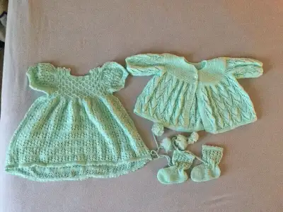 NEW * Handmade Infant Knitted  * Dress, Sweater, Booties Set, View more