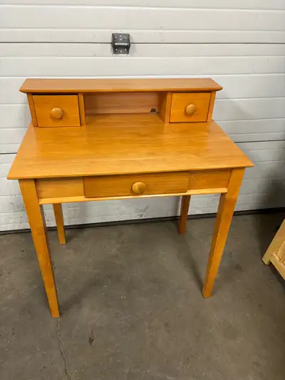 30” length, 20” deep, front height 29”, back height 34” Beautiful maple finish writing desk in very...