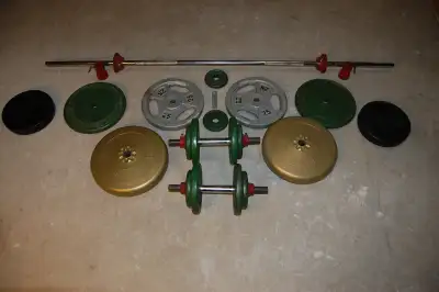 Barbell, dumbbells, and weight plates, View more
