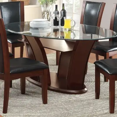 Glass Top Oval Dining Table, Brown Wood Base, View more