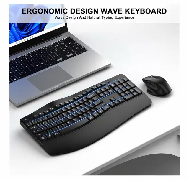 Wireless Keyboard and Mouse Combo, 2.4G Full Size Wave Keys Ergo in Mice, Keyboards & Webcams in Mississauga / Peel Region - Image 3