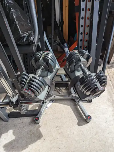 For sale is a Pair of Bowflex 552 Adjustable Dumbbells goes up to 52.5lbs and comes with stand. its...