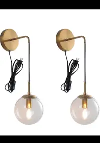 Plug in Wall Sconces Set of 2 Modern Brass Gold Globe Clear Glas
