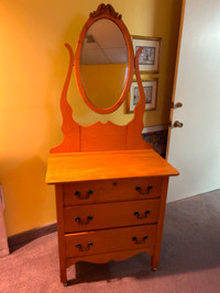 Antique, oval mirrored, 3 drawer dresser