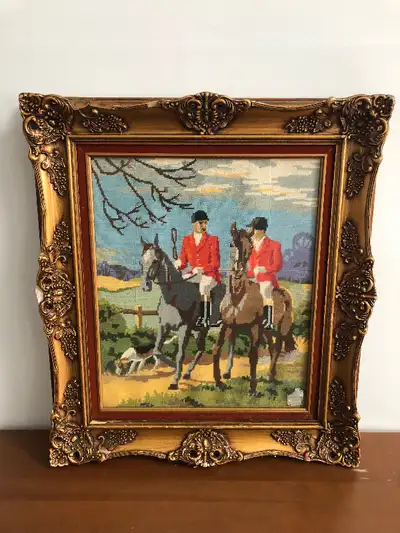 Horseback Riders Needle Point in Vintage Frame 26.5x30”, View more